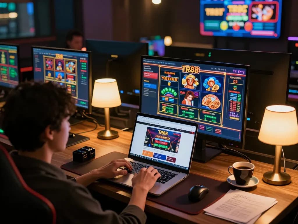 Engaging player exploring TR88 casino games on multiple screens with strategic notes