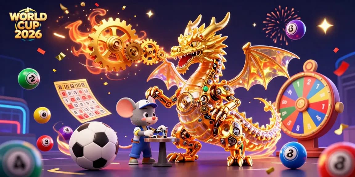 Join the excitement of WORLD CUP 2026 with dynamic sports bets and lottery games swirling around a golden dragon.