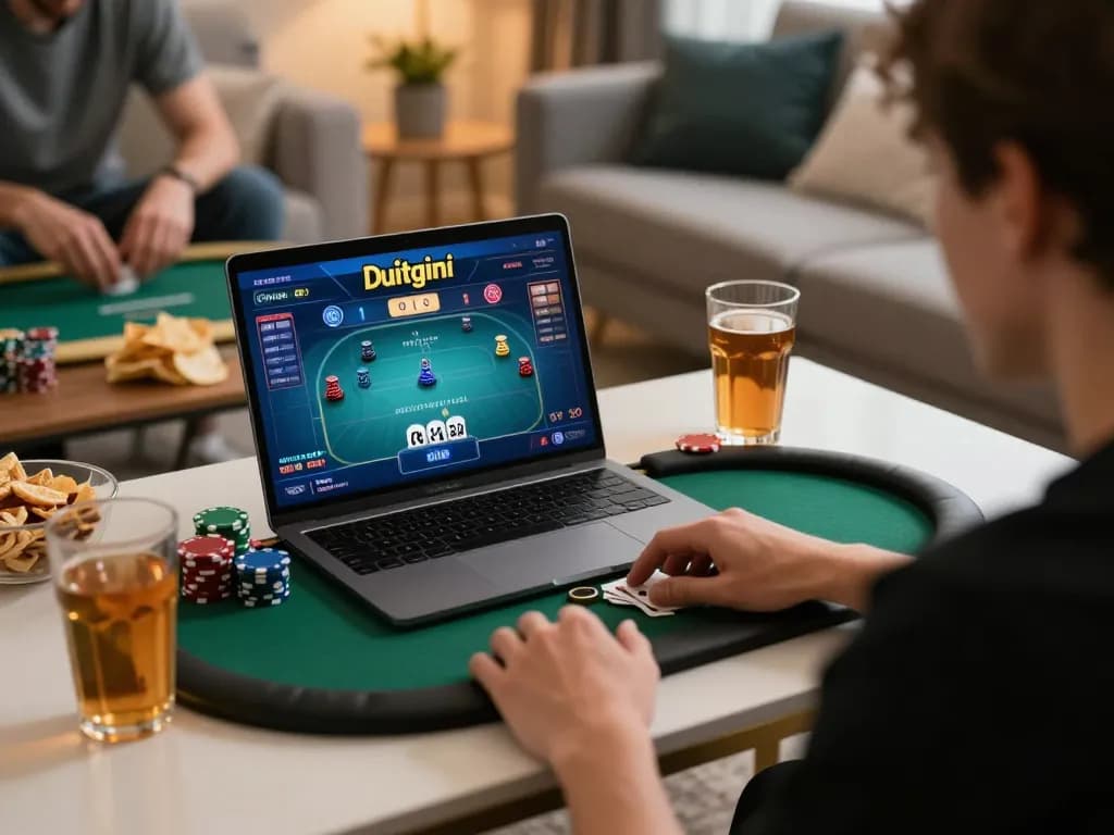 Person gaming on Duitgini poker app in a cozy living room setting with snacks