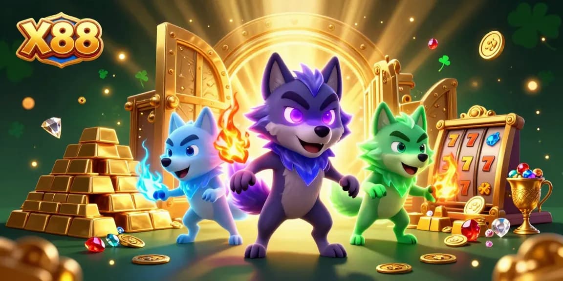 X88 presents an exciting casino scene with shadow wolves and treasure, showcasing slot elements.