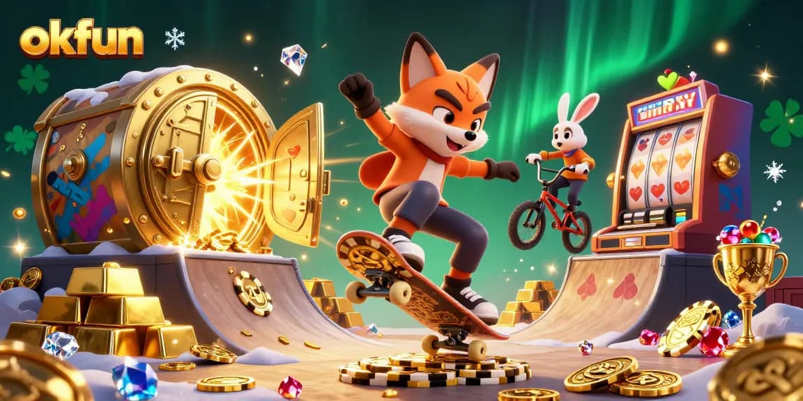 Experience thrilling gameplay with okfun's cartoon fox and rabbit in a vibrant casino scene.