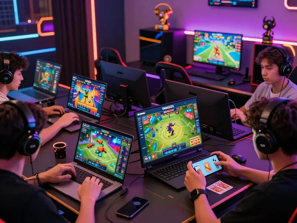 Goal123 players enjoying diverse online gaming experiences on laptops and mobile phones in an energetic digital environment.