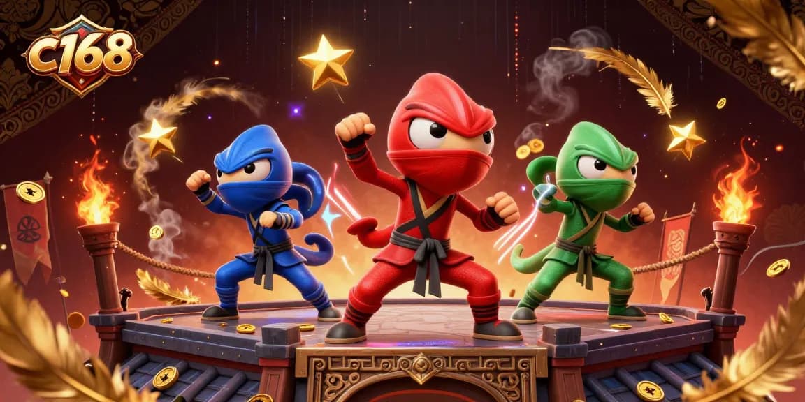 Engage in exciting gameplay with c168's dynamic scene of chameleon ninjas in a martial arts casino arena.