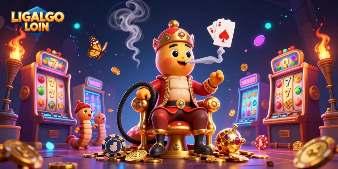 Engage with LIGALGO LOGIN in a colorful casino environment featuring dynamic slot machines and playful characters.