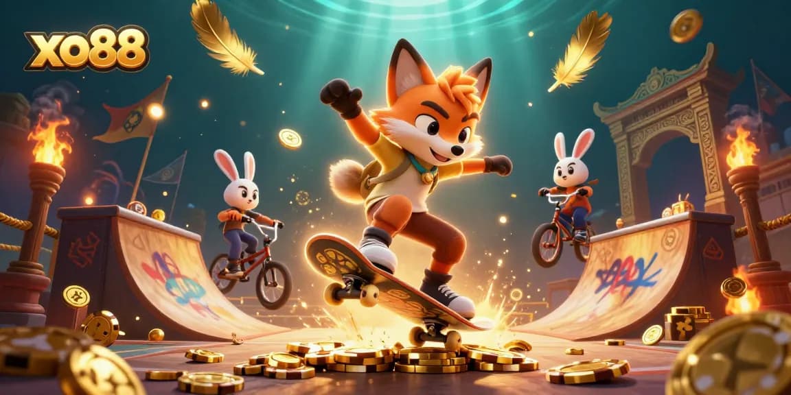 xo88 cartoon illustration of a fox and rabbit in a vibrant casino environment