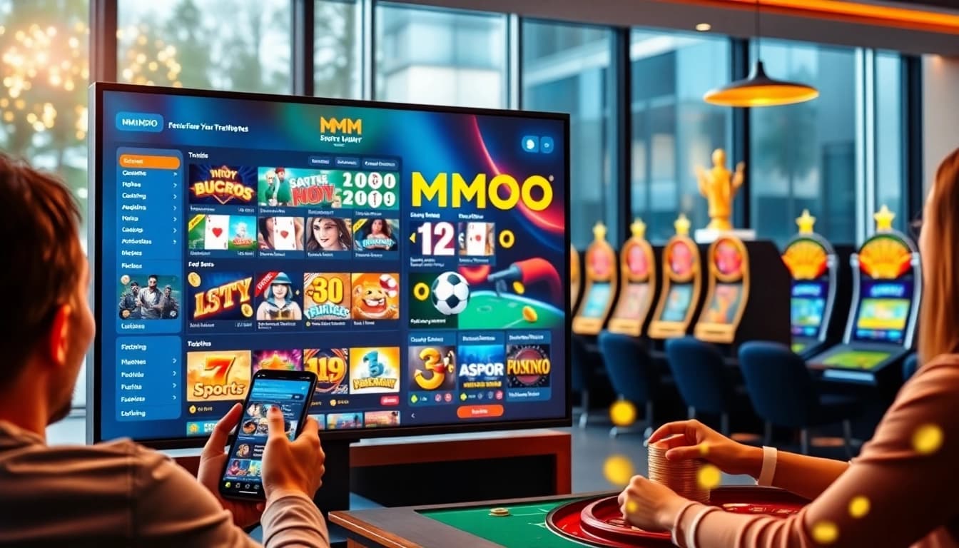 MMOO online gaming platform showcasing casino games and sports betting with vibrant colors and excitement.