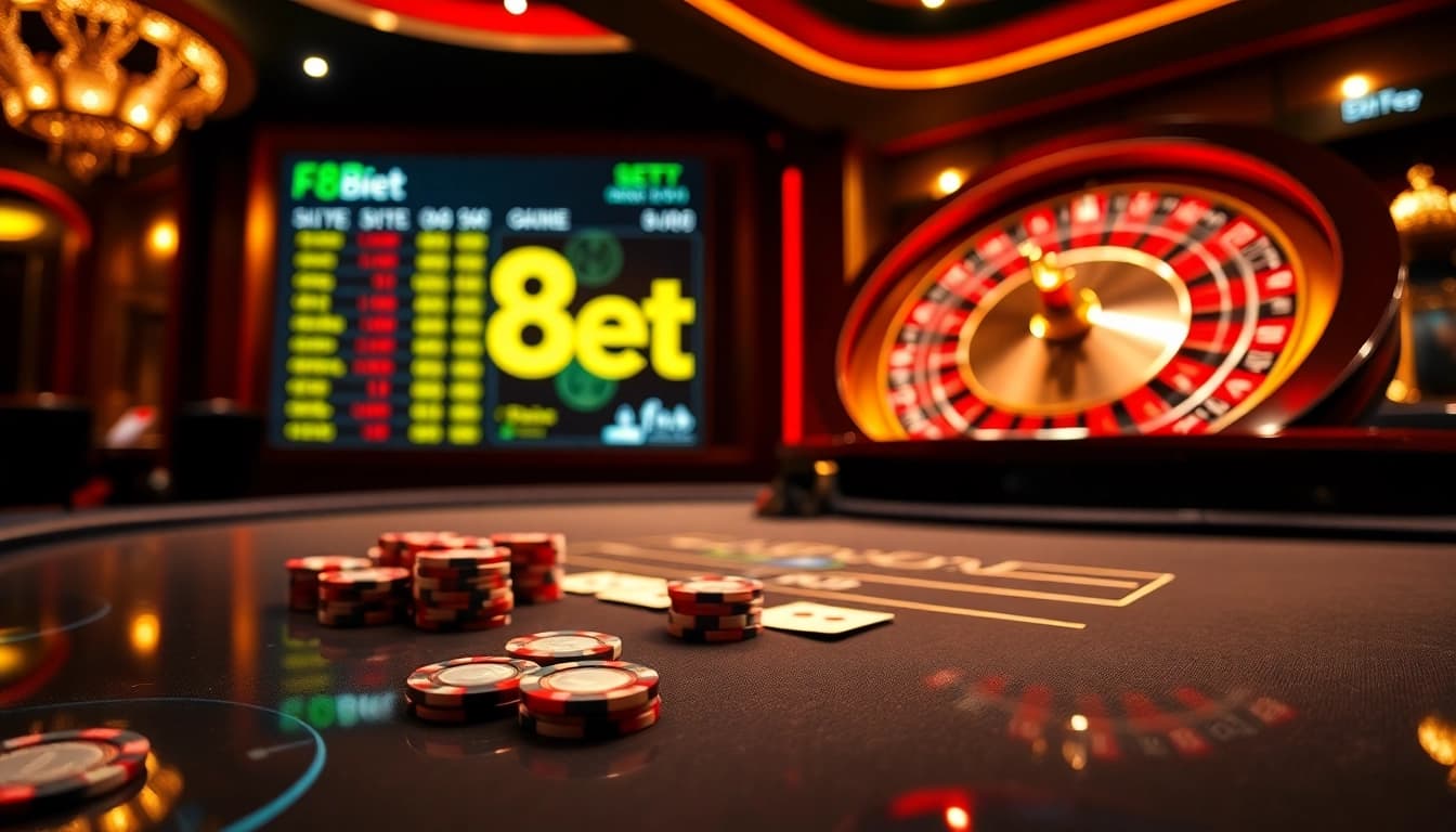 Exciting online gambling at F8Bet with poker chips, a roulette wheel, and digital betting odds.