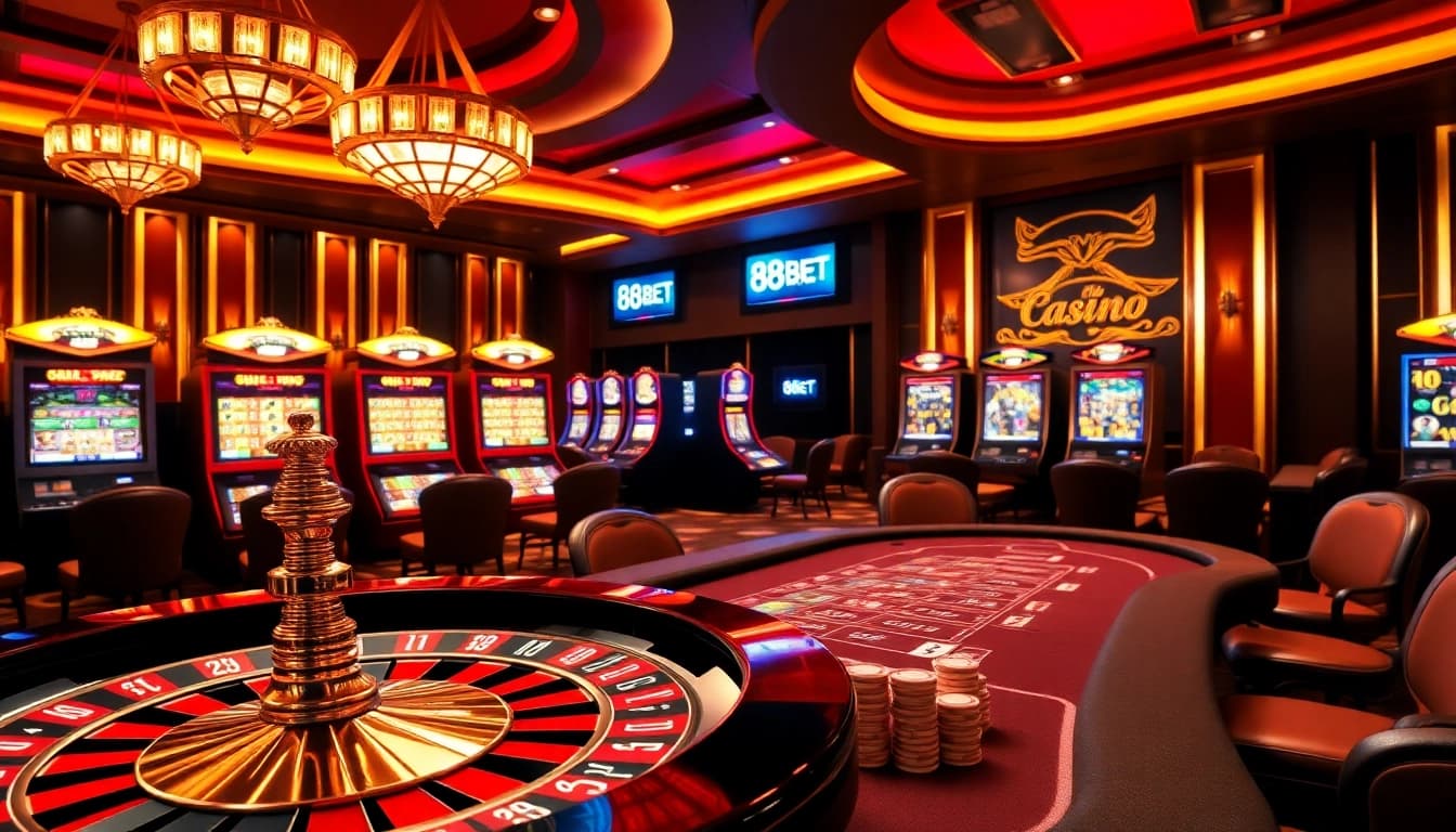 Action-packed scene at a luxury casino showcasing nhà cái 88bet with poker chips and roulette.