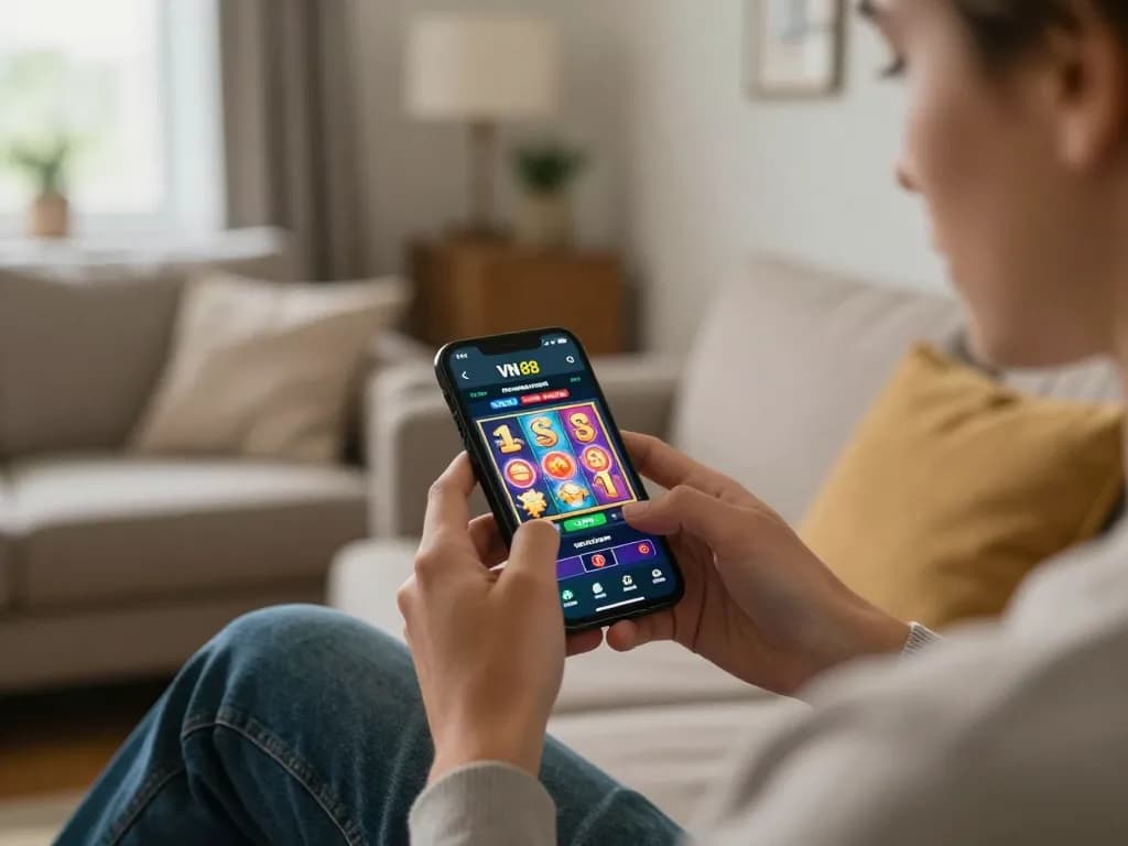 Person engaging with the VN 88 app displaying vibrant slot games on a mobile device, promoting responsible gaming.