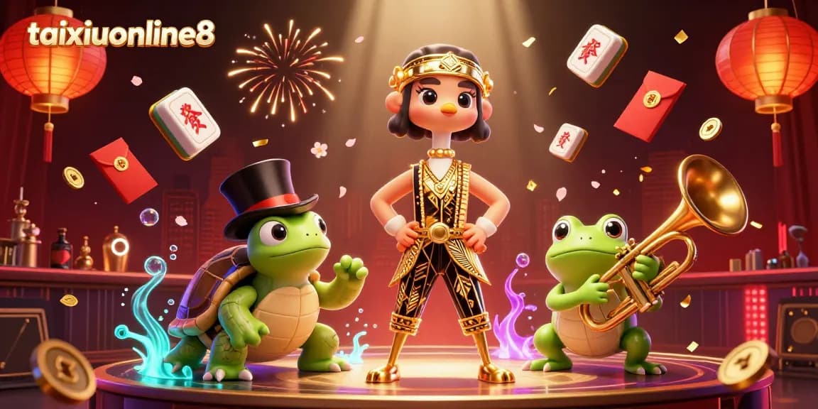 Engage with taixiuonline8's vibrant 3D illustration showcasing casino excitement and festive elements.