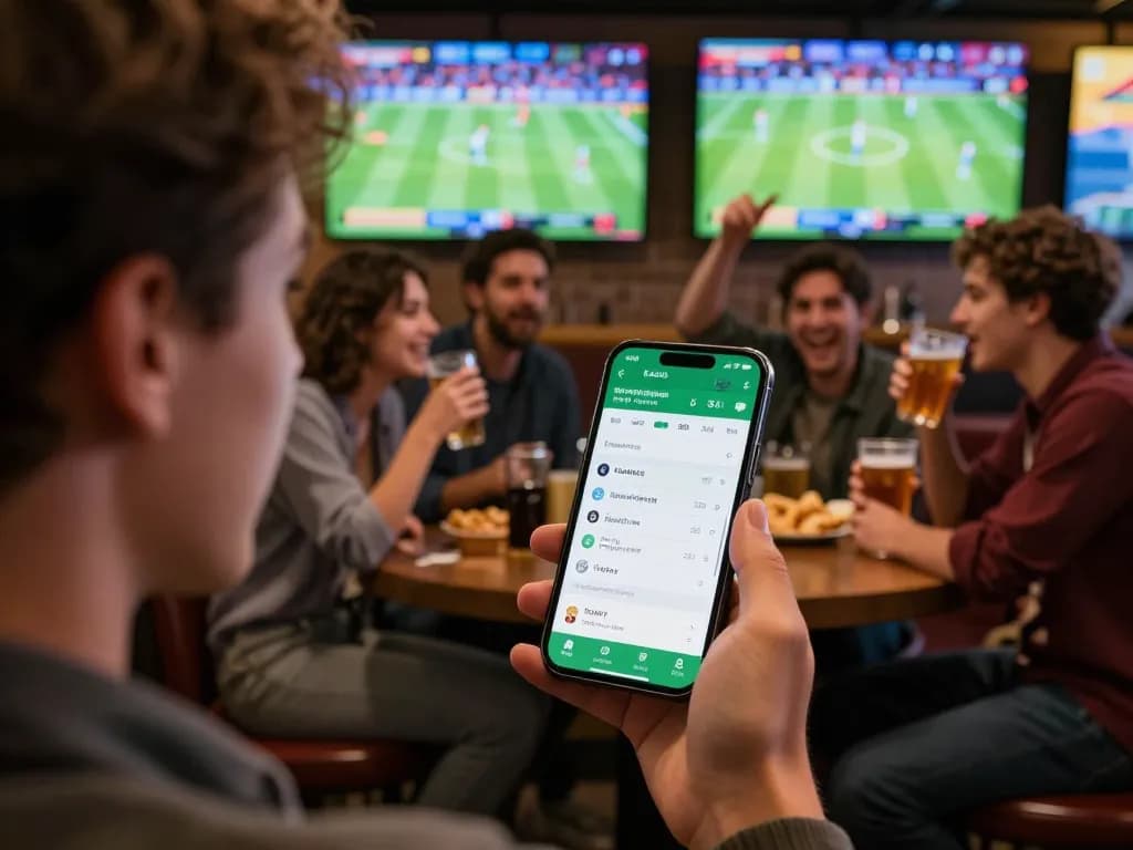 Sports betting enthusiast using Kèo nhà cái app in exciting sports bar environment, showcasing gameplay and social interaction
