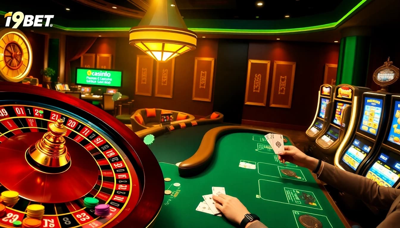 I9BET roulette wheel and poker table showcasing vibrant casino gaming action