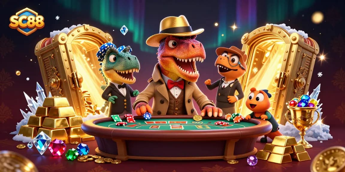 SC88 velociraptor card counter at blackjack table while stegosaurus pit boss observes, vibrant casino scene.