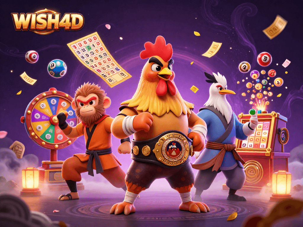 Experience fortune at WISH4D with vibrant lottery balls and colorful prizes in an animated scene.