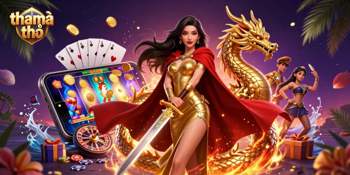 Engage with tham khảo thêm, showcasing an Asian warrior queen amidst vibrant casino elements in an exciting 3D illustration.