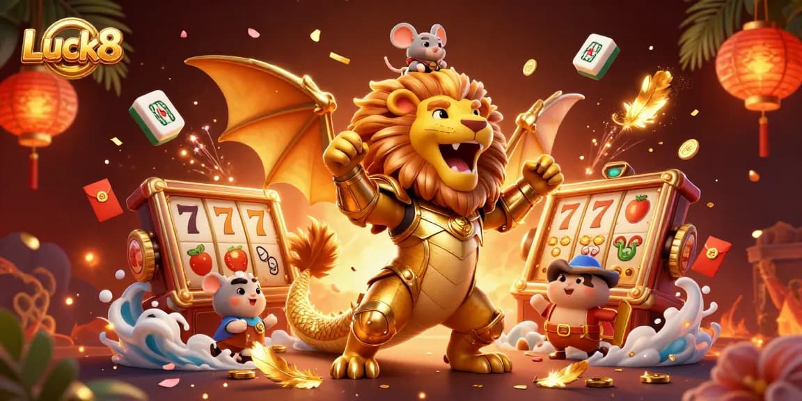 Experience Luck8 in an exciting casino scene filled with vibrant slot reels and golden accents.