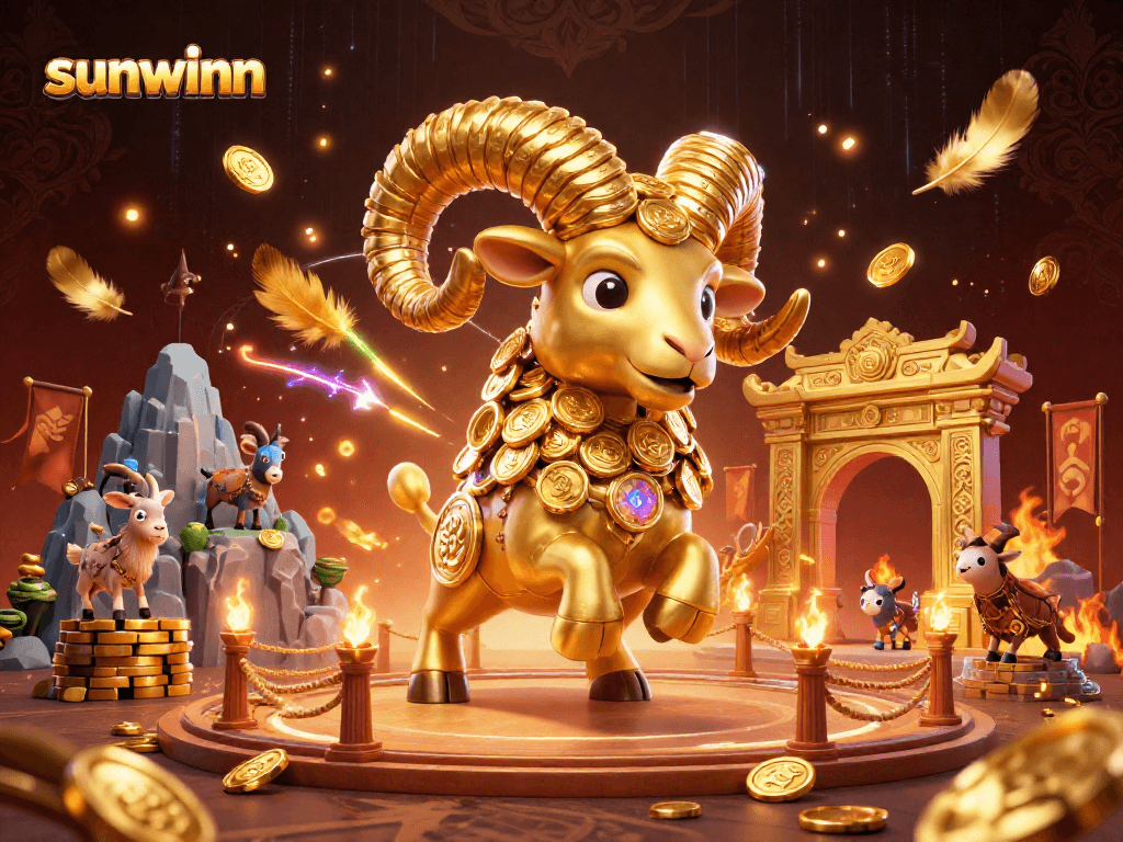 Place your bets at Sunwinn in a dynamic 3D illustration featuring a golden ram charging through a casino arena.