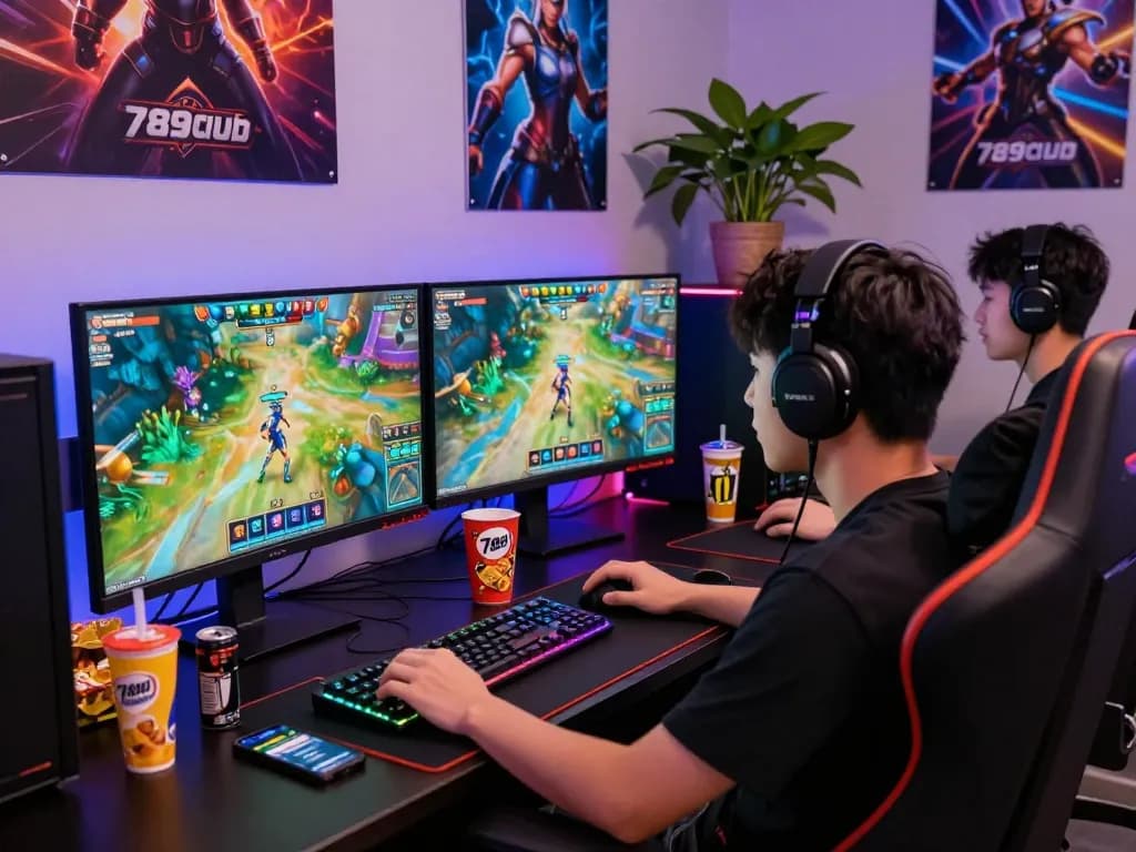 Engaged player exploring vibrant games at 789club on dual monitors in a colorful gaming setup