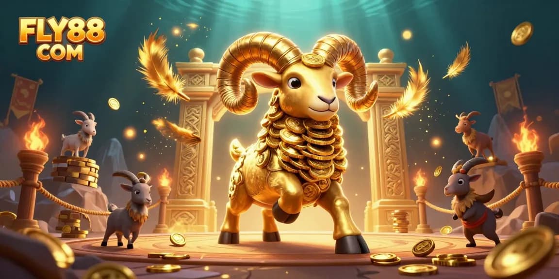 Engage in thrilling action with FLY88 COM, showcasing a massive golden ram in a vibrant casino scene.