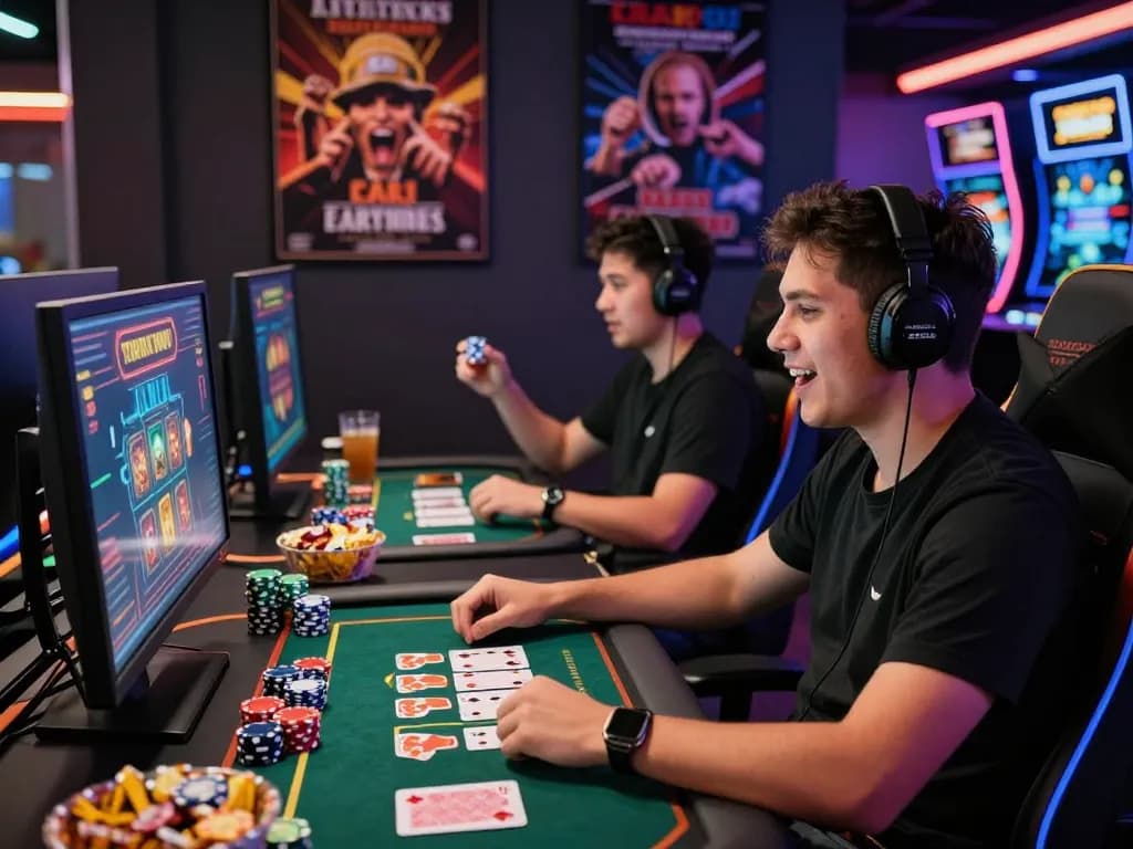 Exciting gamer engaging with nk88 online casino platform, surrounded by vibrant tokens and cards.
