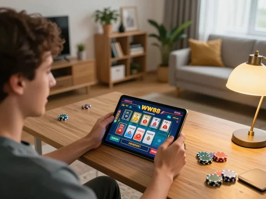 Engaged player enjoying WW88 online casino game on tablet in cozy home environment.
