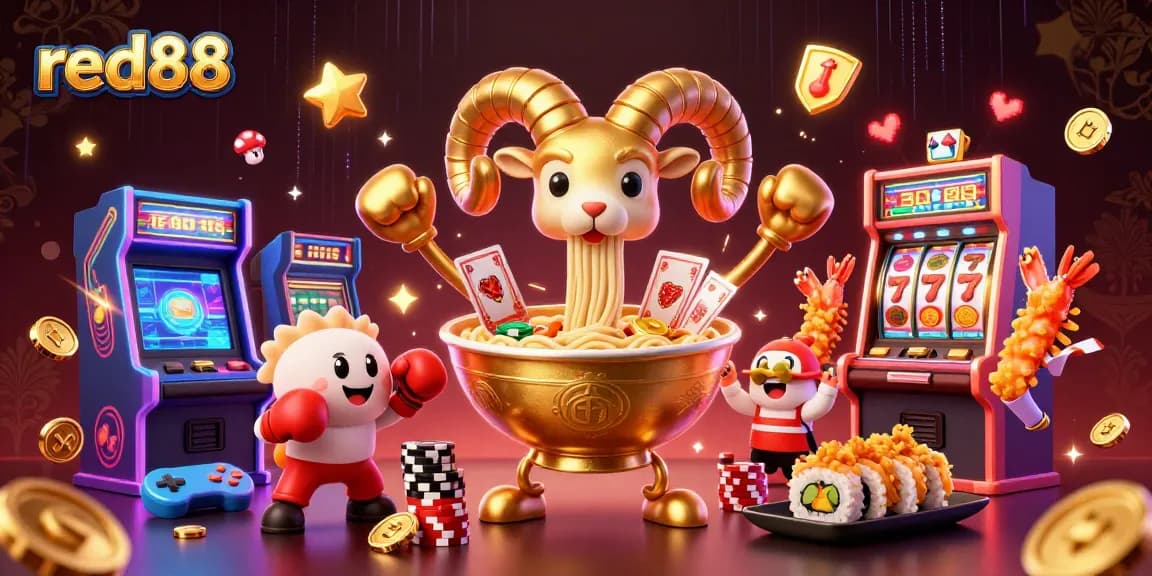 Win big with red88 slots featuring a vibrant 3D illustration of a golden ramen bowl dealing cards amidst casino excitement.