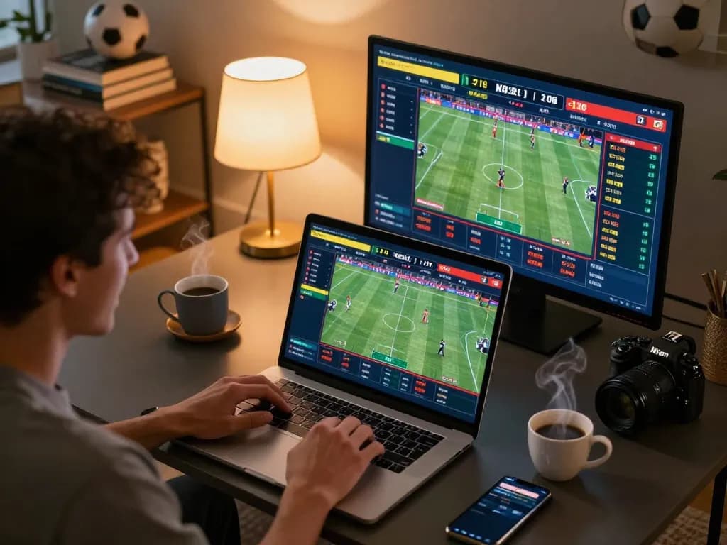 Excited individual engaging in mb66-t sports betting on laptop, showcasing live events and odds in an inviting home setting.