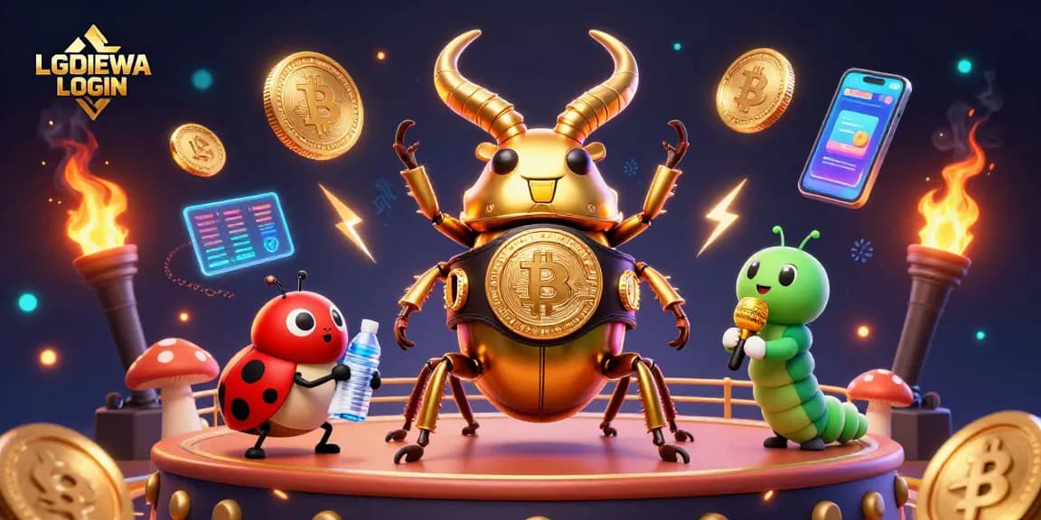 Experience LGODEWA LOGIN with vibrant gaming action featuring a golden stag beetle and crypto elements.