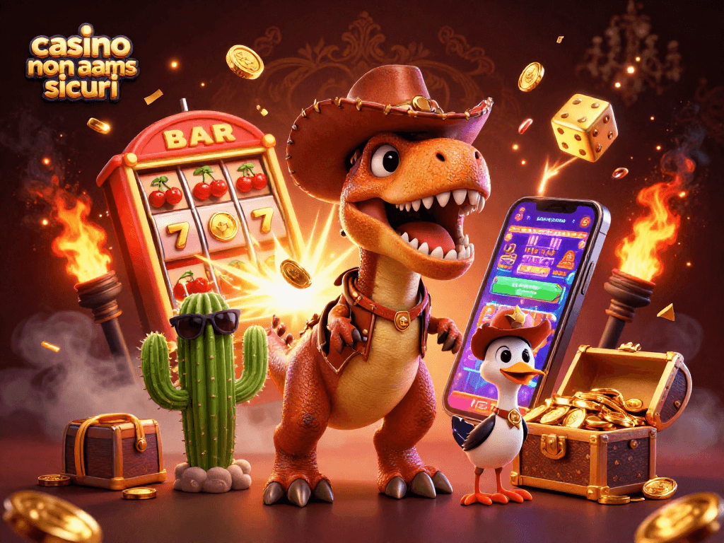 Gioca nei casino non AAMS sicuri con un T-Rex cowboy e un'atmosfera festosa piena di elementi di gioco.