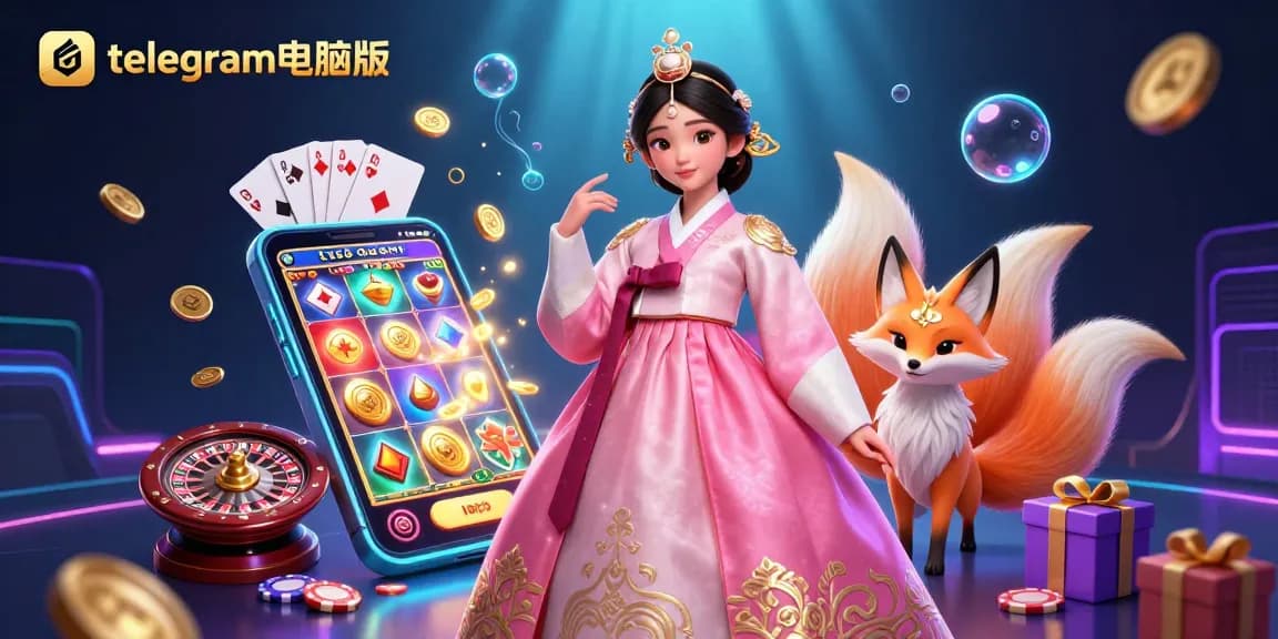 在充满活力的3D场景中，优雅的亚洲女性和幸运狐狸一起玩受欢迎的老虎机游戏，与Telegram电脑版一起体验乐趣。