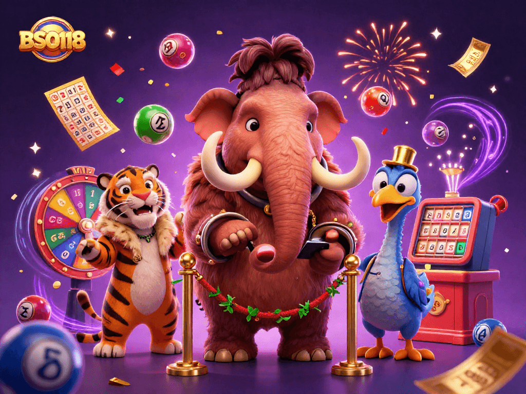 Experience the vibrant excitement of BSO118's casino with a 3D illustration of animated characters celebrating lottery wins.