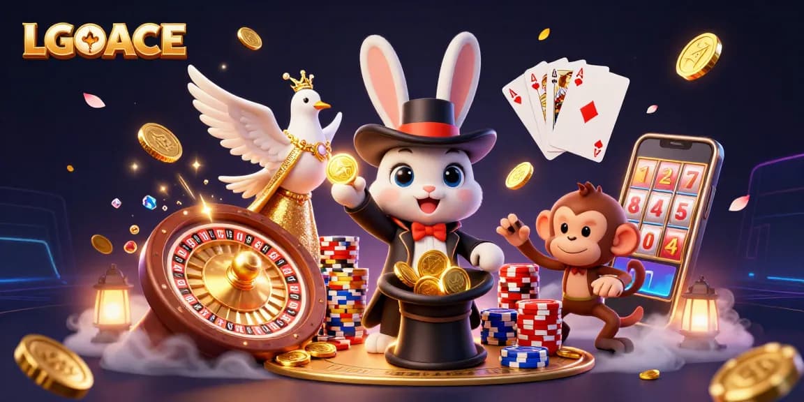 LGOACE showcases a magician rabbit conjuring coins amidst vibrant casino elements.