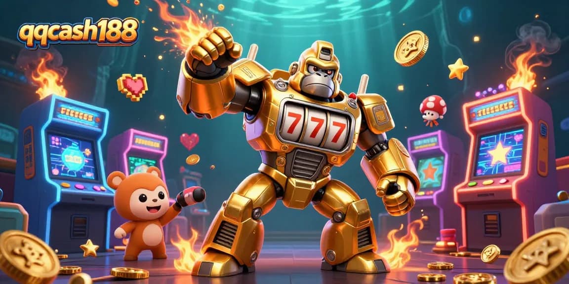 Experience thrilling gameplay with qqcash188's golden gorilla mech and arcade elements bursting with excitement.
