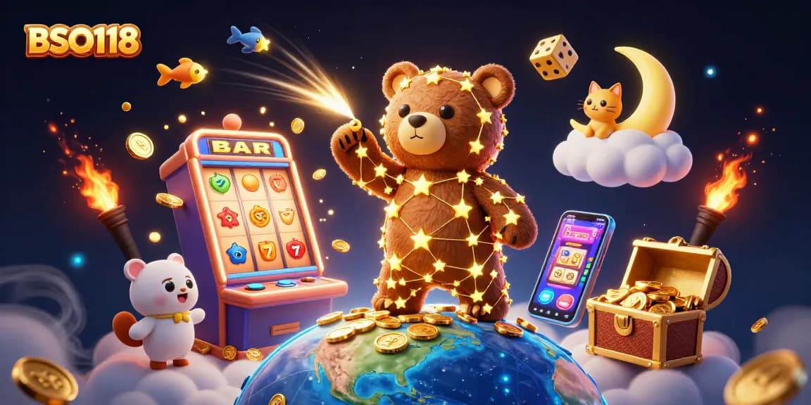 Engage with BSO118 through vibrant 3D casino imagery showcasing golden stars, slot machines, and prizes.