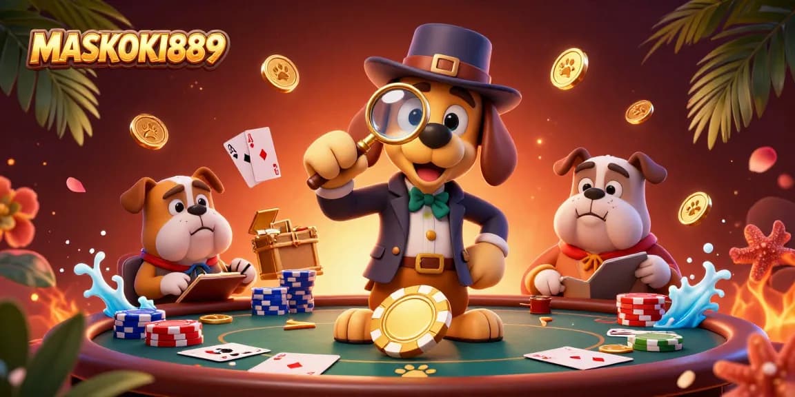 Join the adventure with MASKOKI889 in a vibrant poker scene featuring colorful chips and engaging characters.