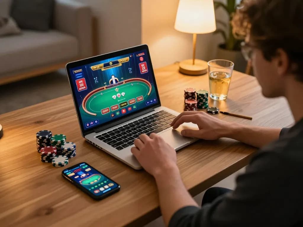 Person playing CK444 online poker at home with laptop and chips, showcasing strategic gameplay.