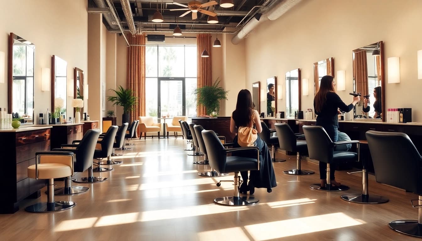 Vibrant interior of hair salons san diego featuring a stylist and client while using premium Aveda products.
