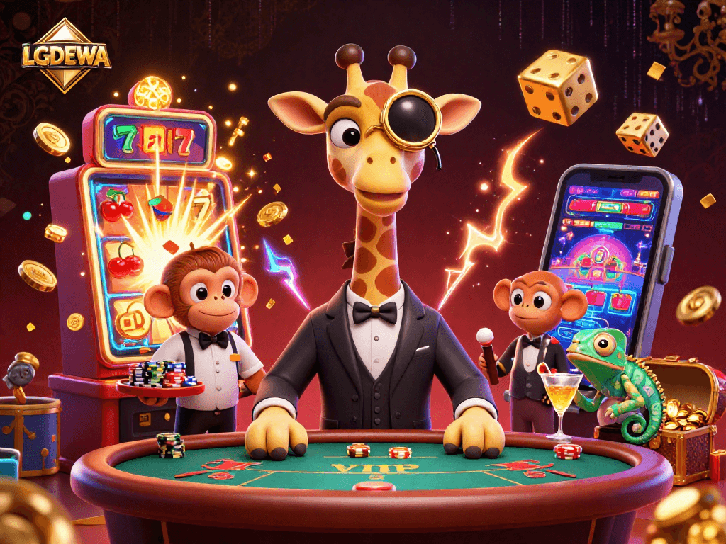 Experience the excitement of LGODEWA with a high-roller giraffe at a VIP poker table amidst casino chaos.