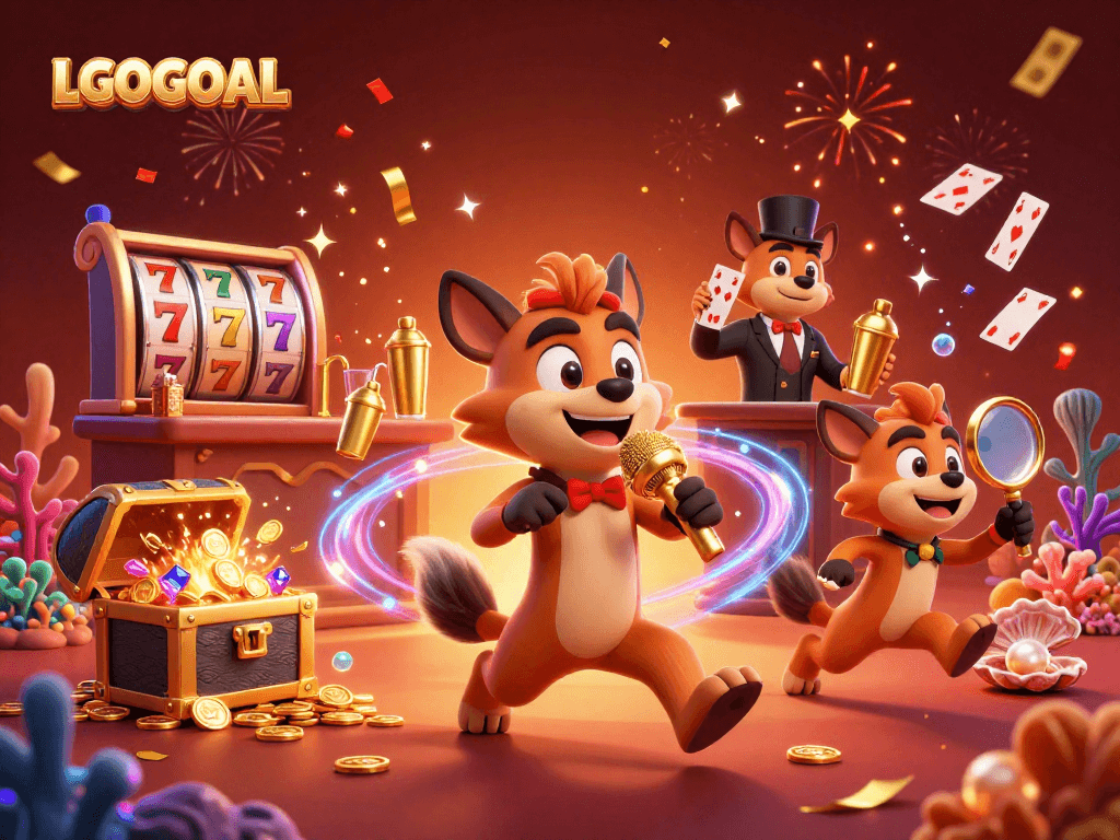 Engage with LGOGOAL's lively casino atmosphere featuring hyena characters in a vibrant illustrated setting.