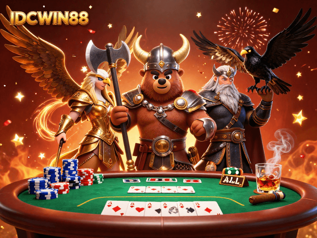 Experience the action with IDCWIN88 as Viking characters conquer the poker table.