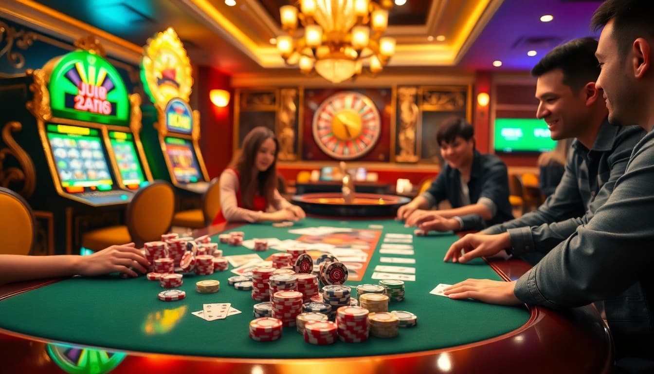 Experience the thrilling atmosphere of U888 casino with vibrant tables, poker chips, and spinning roulette wheels.