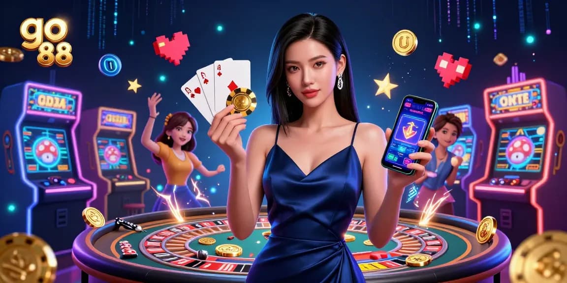 Experience the excitement of go 88 as the stunning casino character engages players with a golden chip and smartphone.