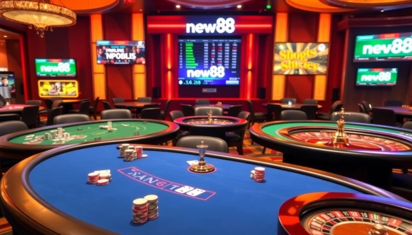 Engaging players at a high-stakes poker table at new88 casino, showcasing excitement and strategy.