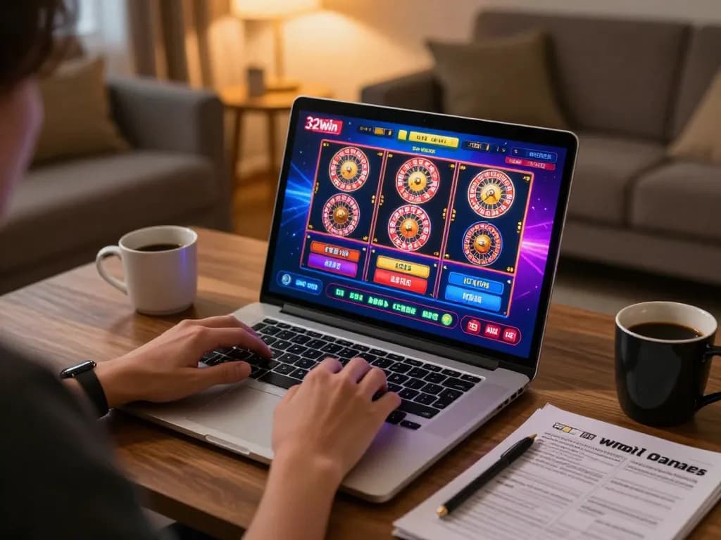 Engaging online poker gameplay with 32win app on the screen in a cozy setting.