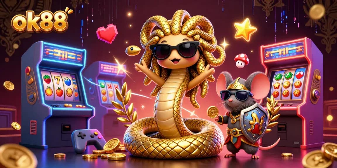 Engage with ok88 casino games featuring a cartoony Medusa and a warrior mouse amid vibrant gaming elements.