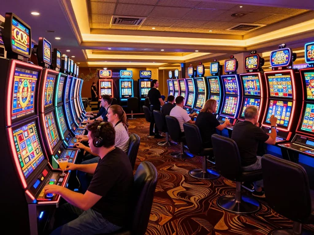 Players enjoying vibrant slot machines at GO8, showcasing a lively gambling experience and strategic gameplay.
