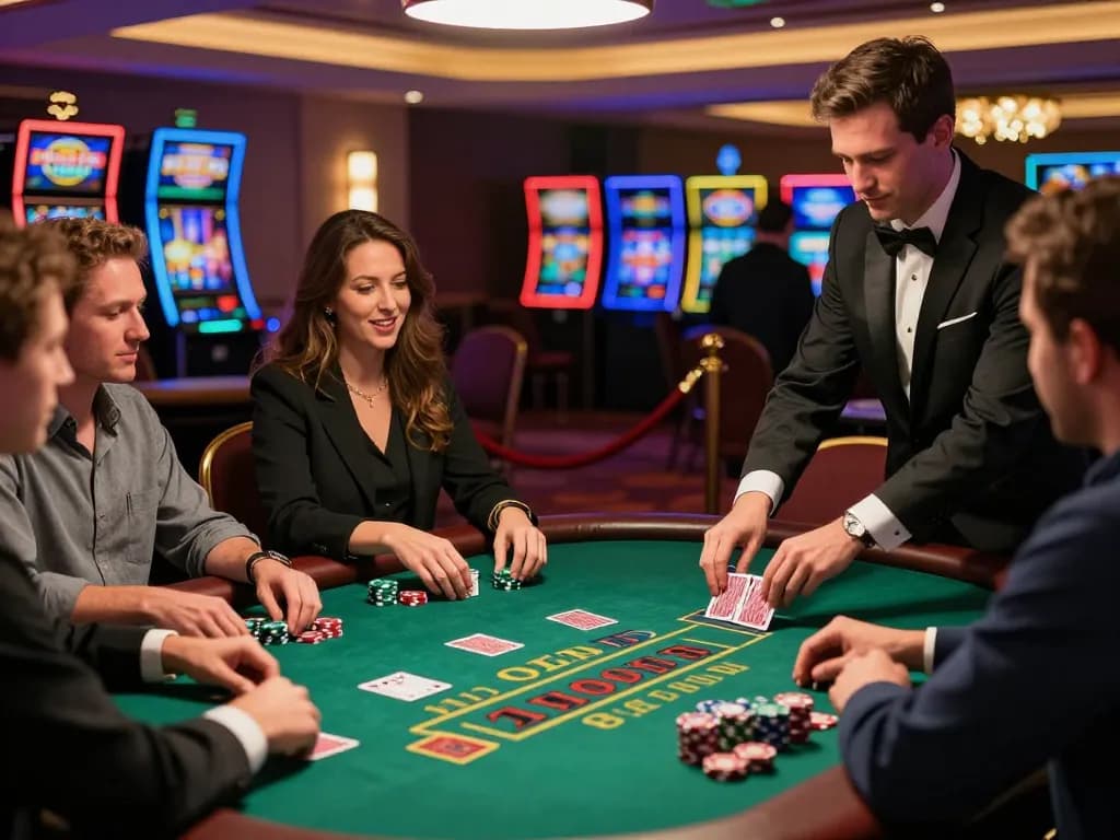 Experience TT88 blackjack gameplay with lively players and a skilled dealer in an upscale casino.