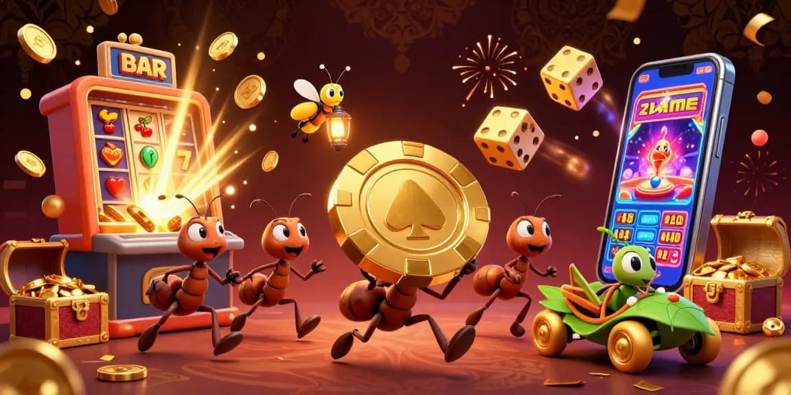 Socolive delivers a thrilling gaming experience with ants heisting a giant poker chip amidst casino elements.