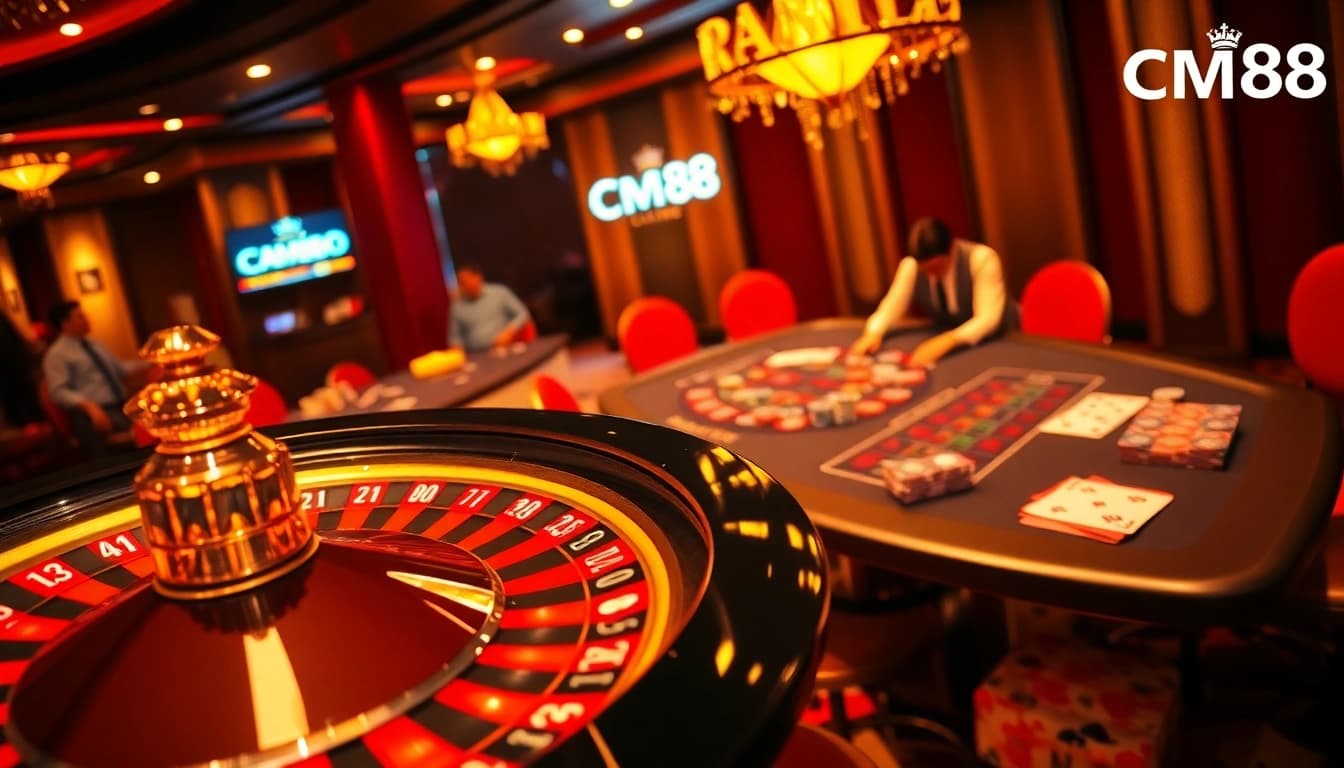 Experience CM88 winning strategies at the bustling casino, with vibrant games and eager players.