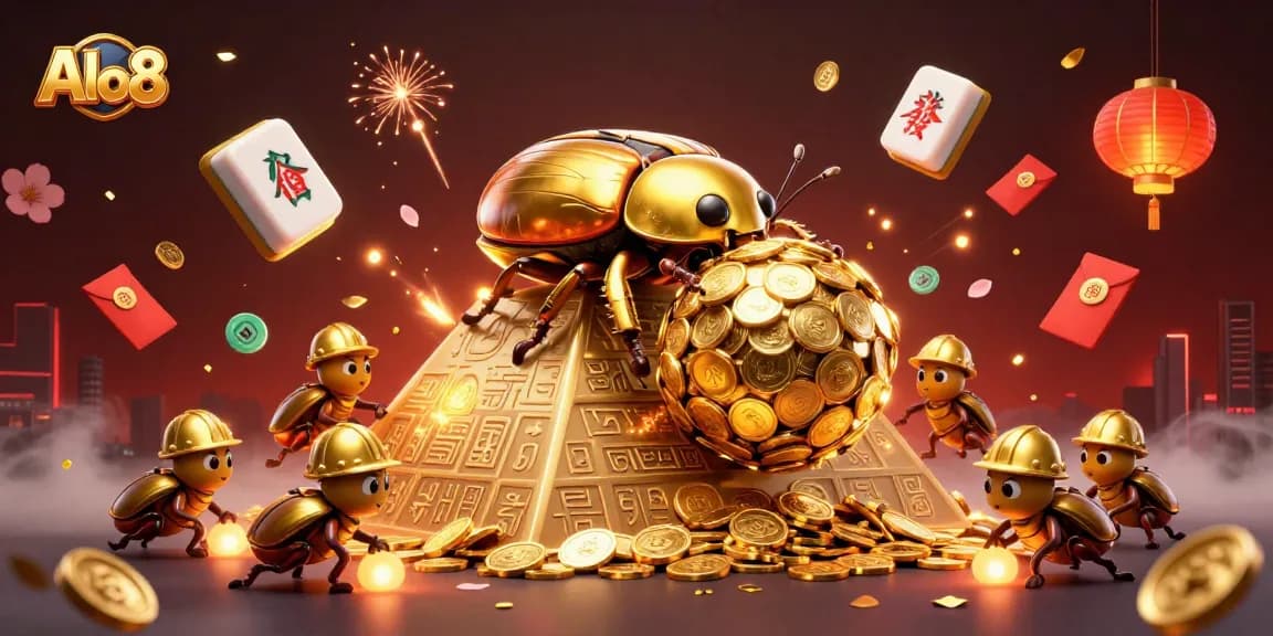 Alo8 reveals a vibrant 3D cartoon scene showcasing golden coins and jubilant beetles in a dynamic casino setting.
